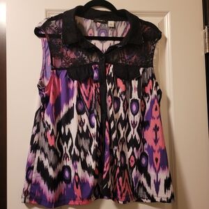 Cocomo Women's Black and Purple Patterned Blouse with Lace Detail Size XL